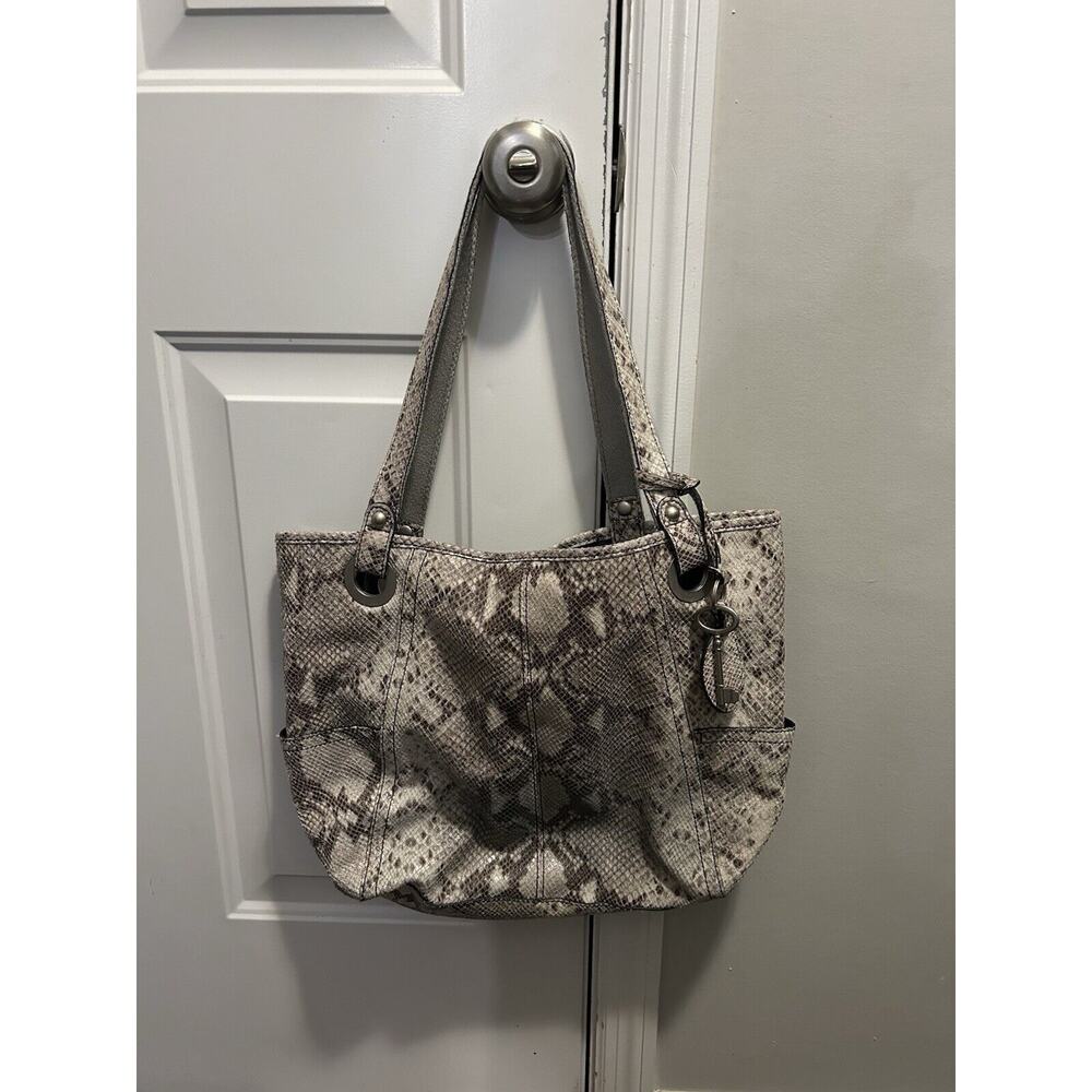 Fossil Tote Bag Snakeskin Print Y2K Womens Large Gray Cream Black Animal Pattern
